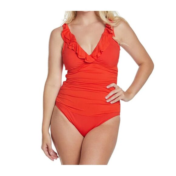 Ralph Lauren Ruffle Underwire One Piece Swimsuit Women‎ 8 NWT$120 Stretch V-neck - Picture 1 of 16